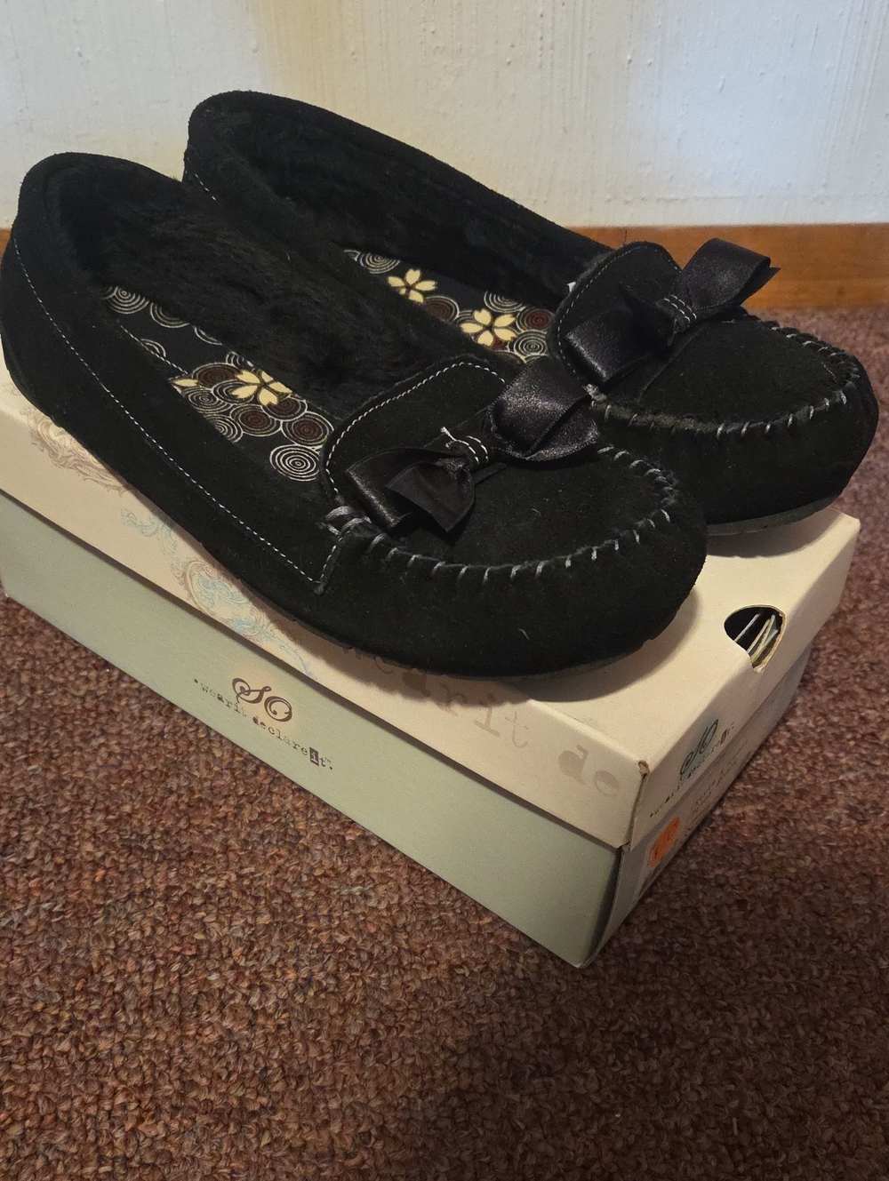 Black Faux-Suede Bow Moccasin Slippers
